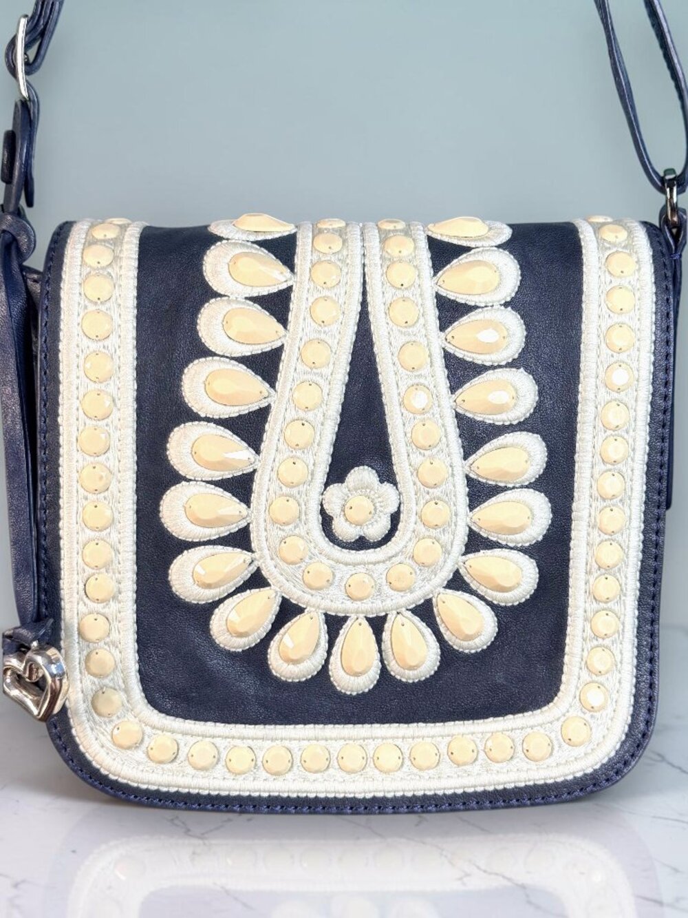 Brighton Masterpiece "Crown Jewel" Navy Leather Shoulder Crossbody Bag -Like New - Picture 2 of 15